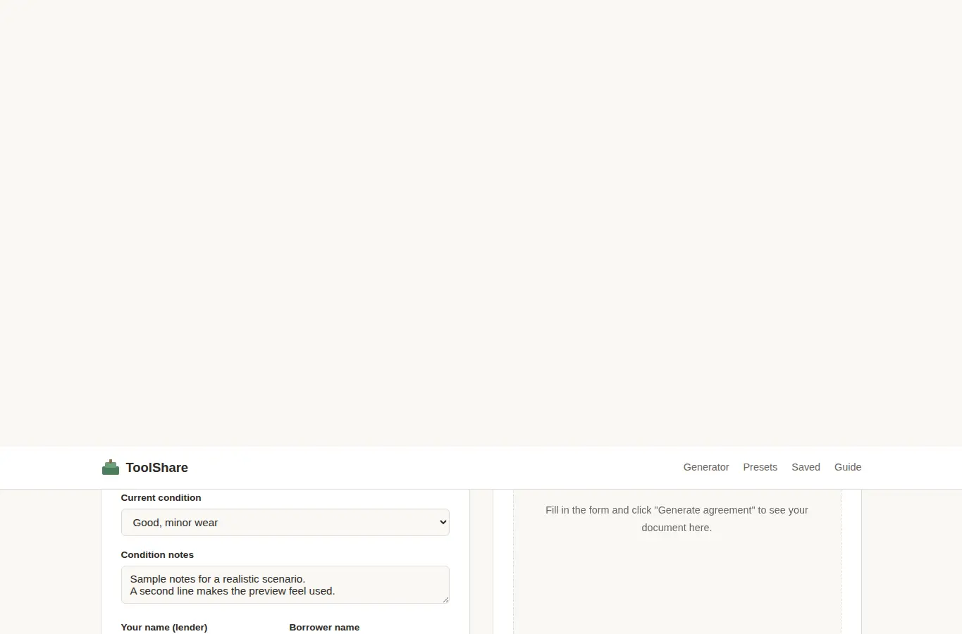 Screenshot of Tool Borrowing Agreement Generator interface showing the project page in use